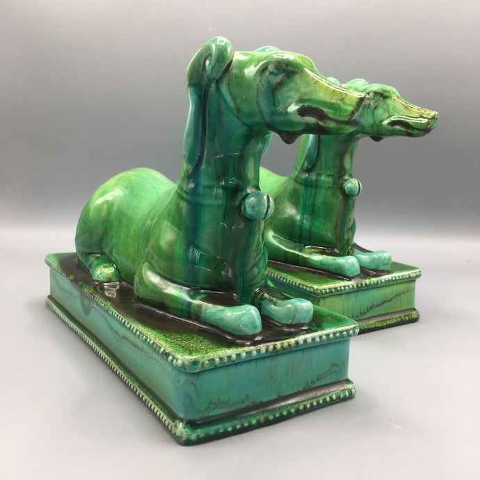 Signed Mancioli Italy c. 1960 Pair Malachite Green Ceramic Guard Dog On Plinth