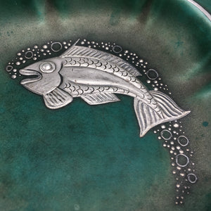 Gustavsberg Argenta c. 1930 Art Deco Stoneware Catch-all Bowl with Sterling Fish Relief