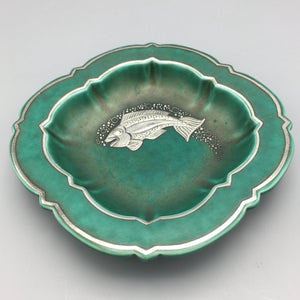 Gustavsberg Argenta c. 1930 Art Deco Stoneware Catch-all Bowl with Sterling Fish Relief