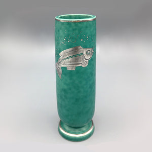 Art Deco Vase with Sterling Fish Relief by Wilhelm Kage for Gustavsberg Argenta